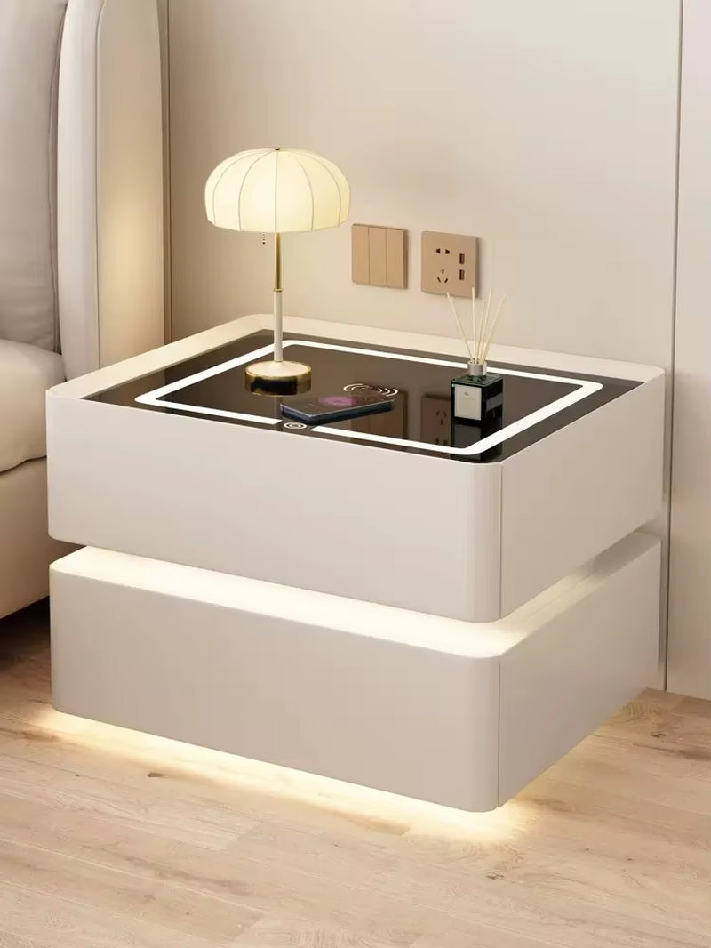 Contemporary Solid Wood Nightstand with Wireless Charging and Lockable Drawers, 40cm