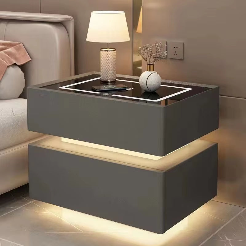 Contemporary Solid Wood Nightstand with Wireless Charging and Lockable Drawers, 40cm