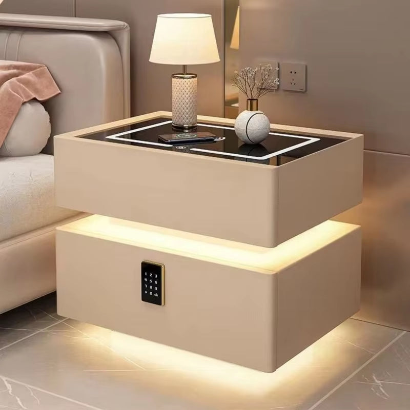 Contemporary Solid Wood Nightstand with Wireless Charging and Lockable Drawers, 40cm